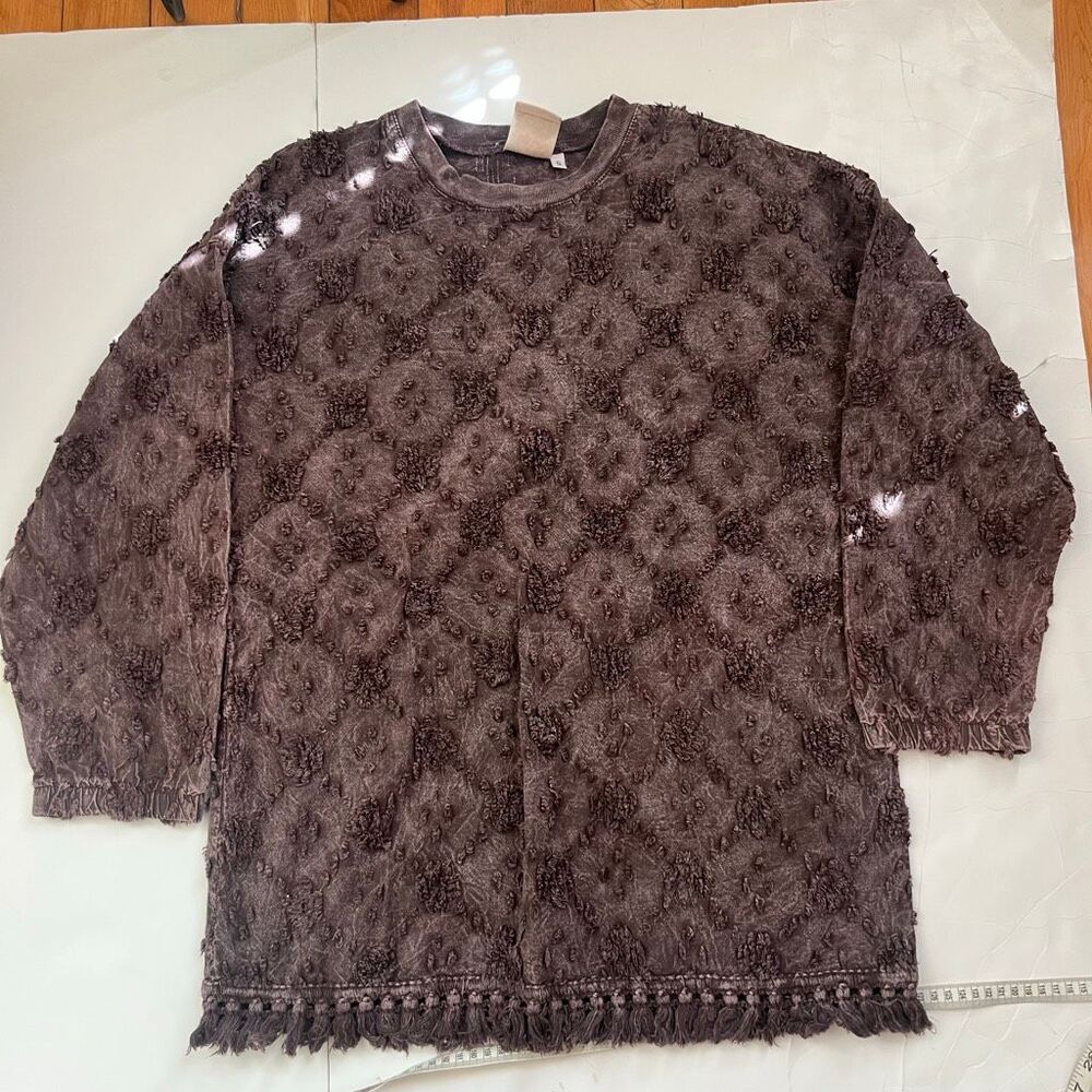 Produce Company Women's Jacquard Crew Neck Fringe Long Sleeve Top Brown Small